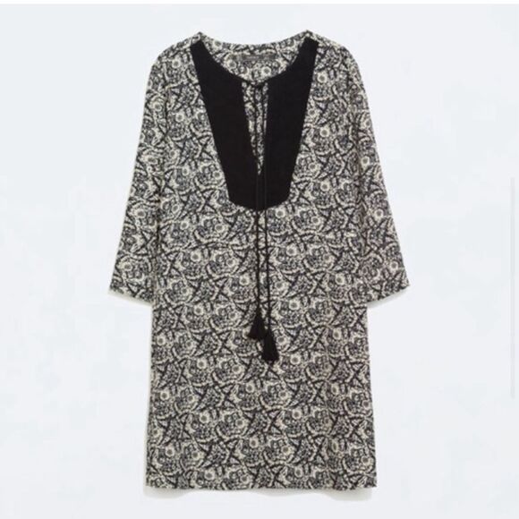 Zara Trafaluc Black Tan Velvet Yoke  Tassel V-Neck Mini Dress Size Small - Picture 3 of 9